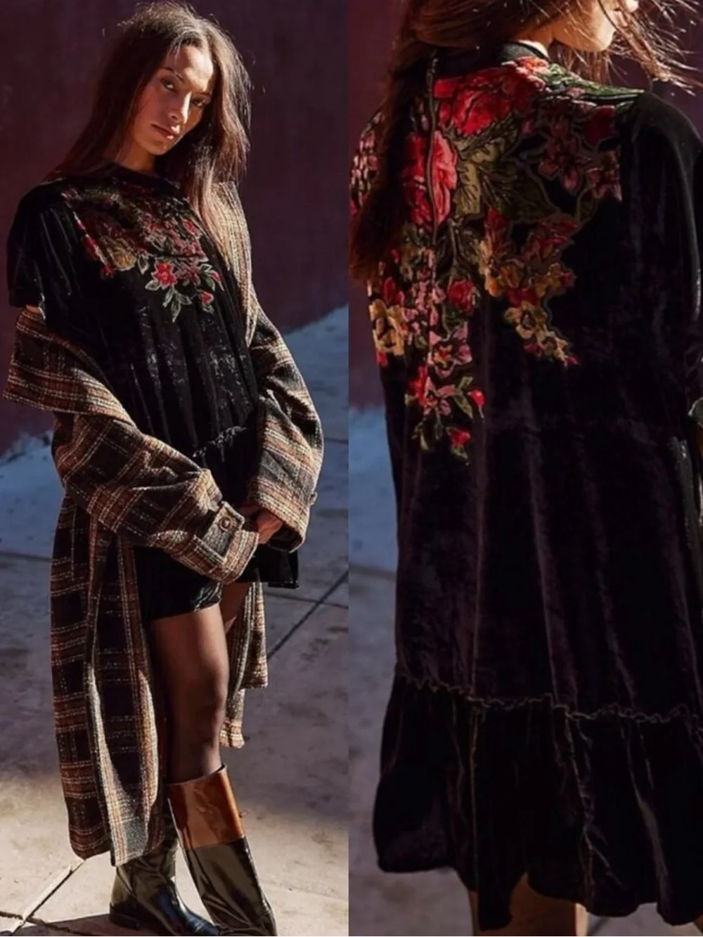 Free People Bohemian Sweet Echoes Black Floral Velvet Devore Tunic Dress Small